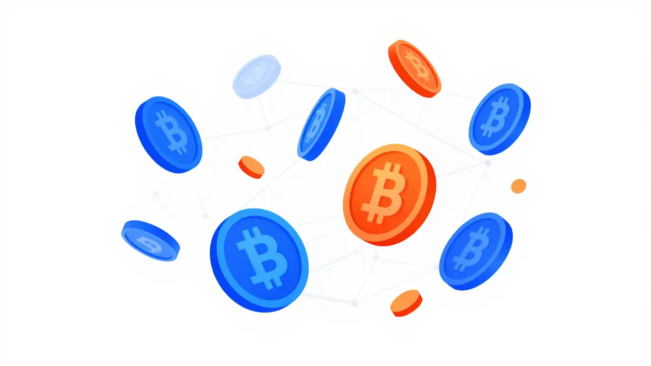 Abstract digital tokens showing stability and volatility in network.