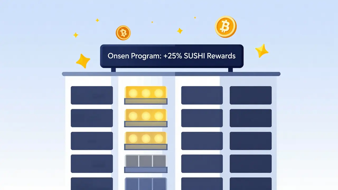 An apartment building with only stablecoin pools lit up, glowing SUSHI tokens in the sky.