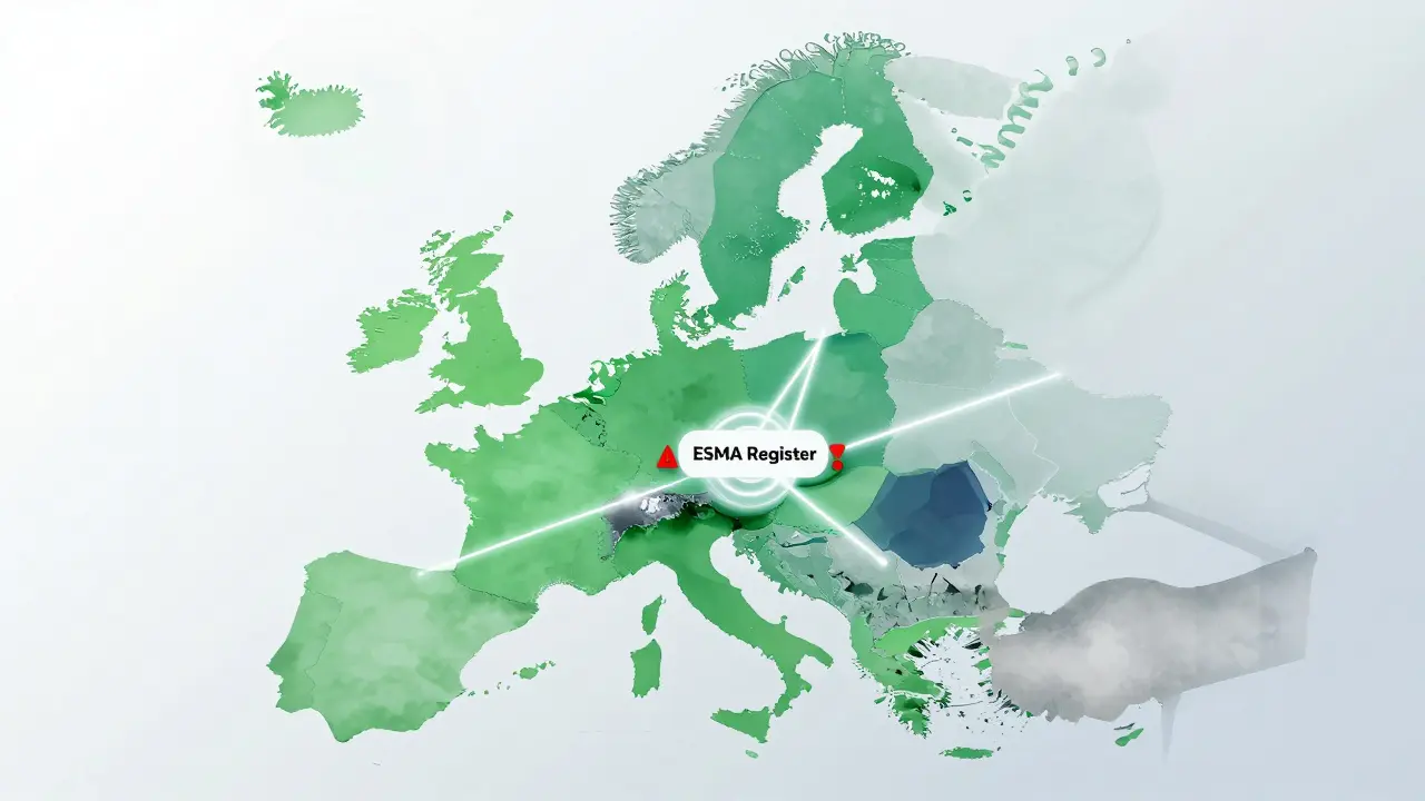 An EU map showing licensed vs. unlicensed regions, with ESMA register hub glowing and warnings flashing.