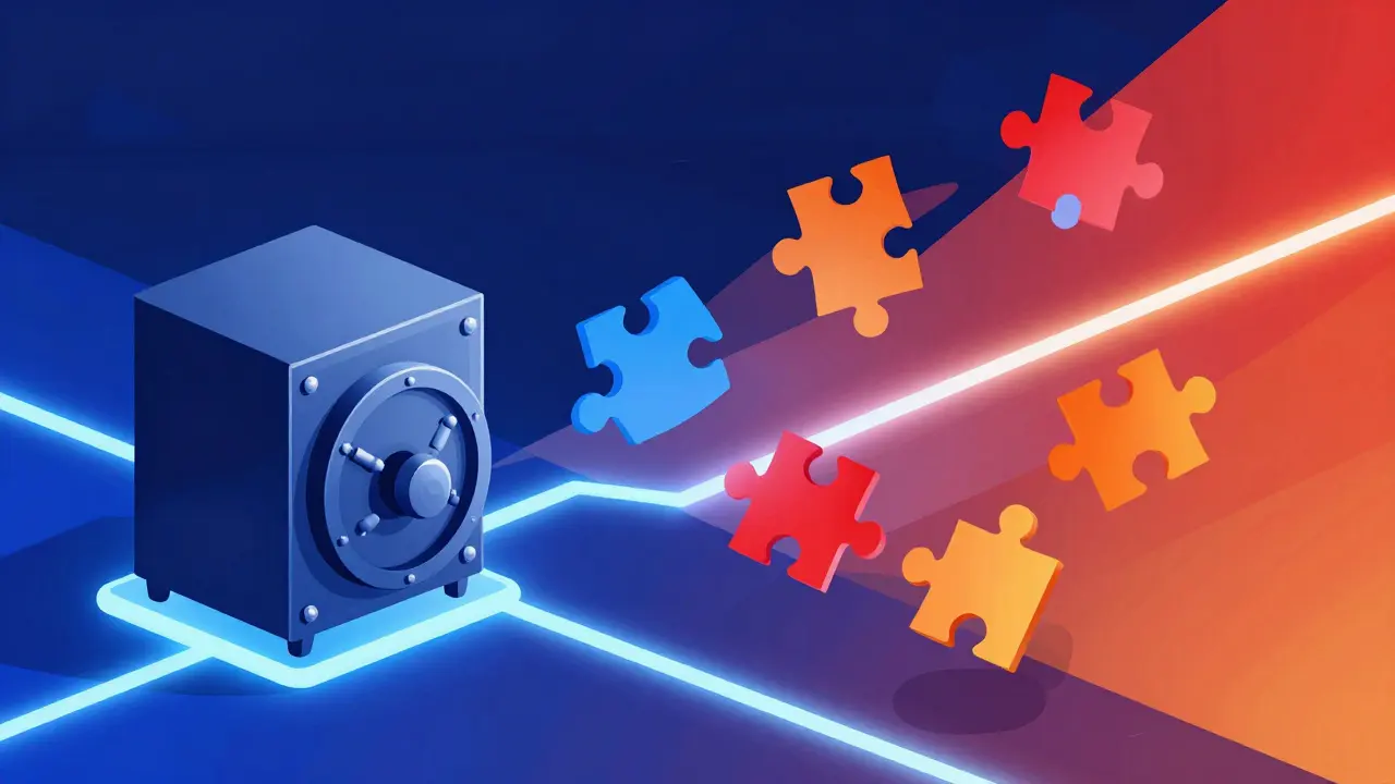 Capital flow arrows between safe vault and risky assets.