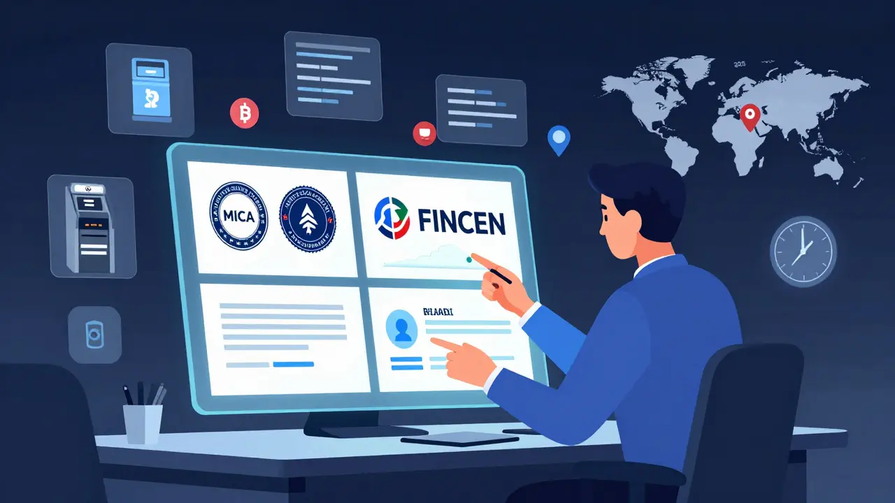 Compliance officer monitoring global crypto regulations using holographic blockchain data.