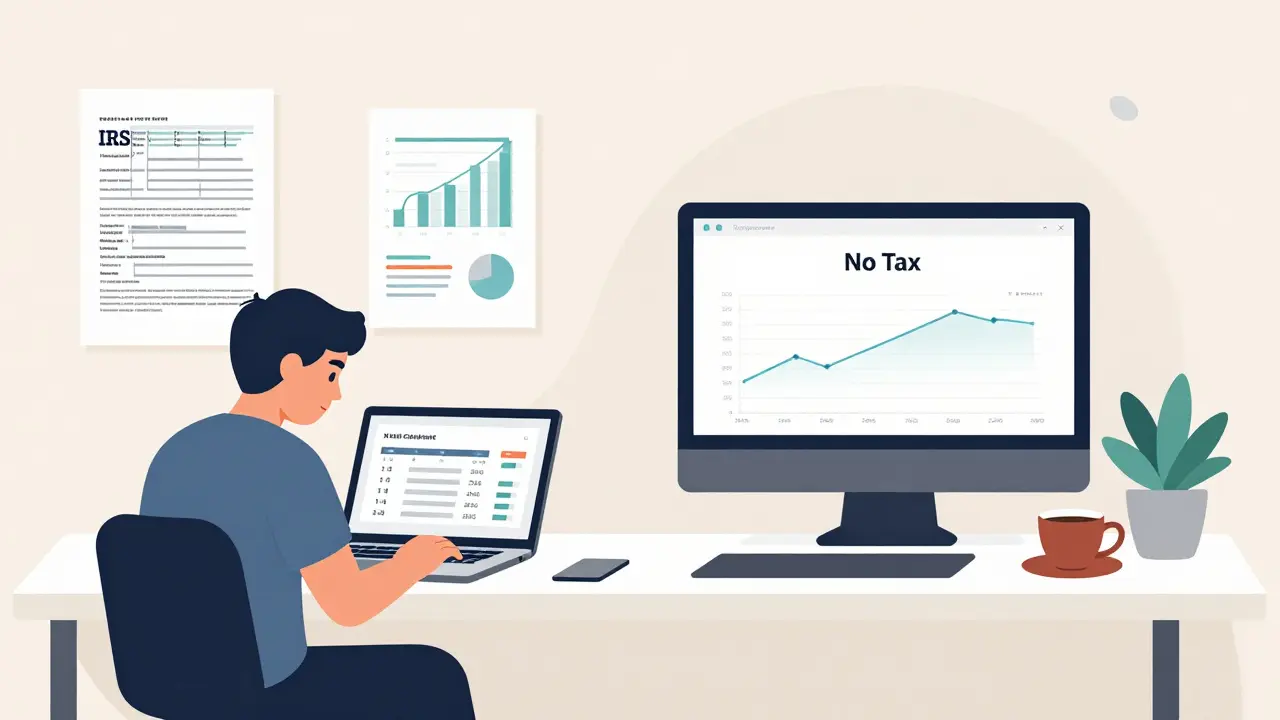 Contrast between a chaotic U.S. crypto tax scene and a calm Singapore workspace with no tax burden.