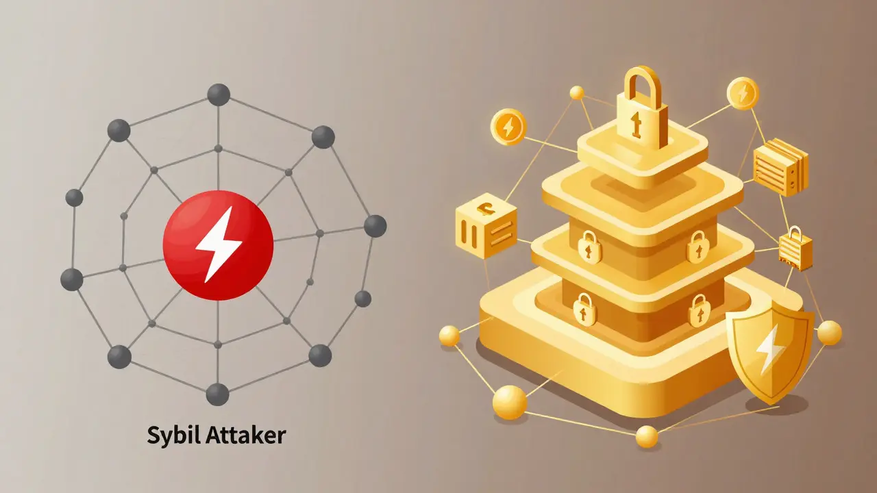 Contrast between a vulnerable network dominated by one fake node and a secure network with staking and trust layers.