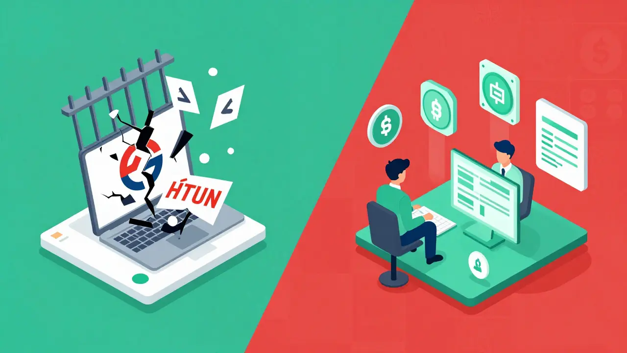 Contrasting visuals of a failing crypto business vs. a compliant one under regulatory pressure.