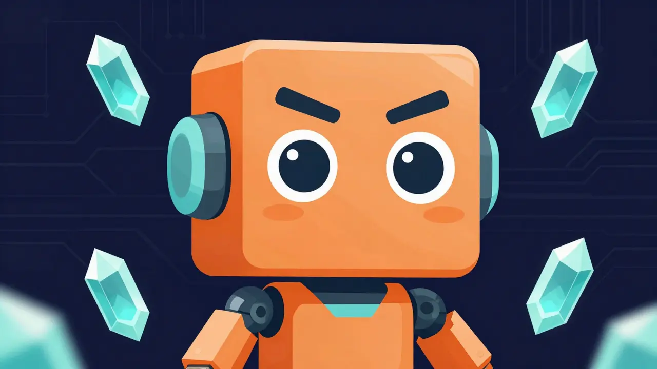 Cubic robot mascot surrounded by floating energy crystals and circuit patterns.