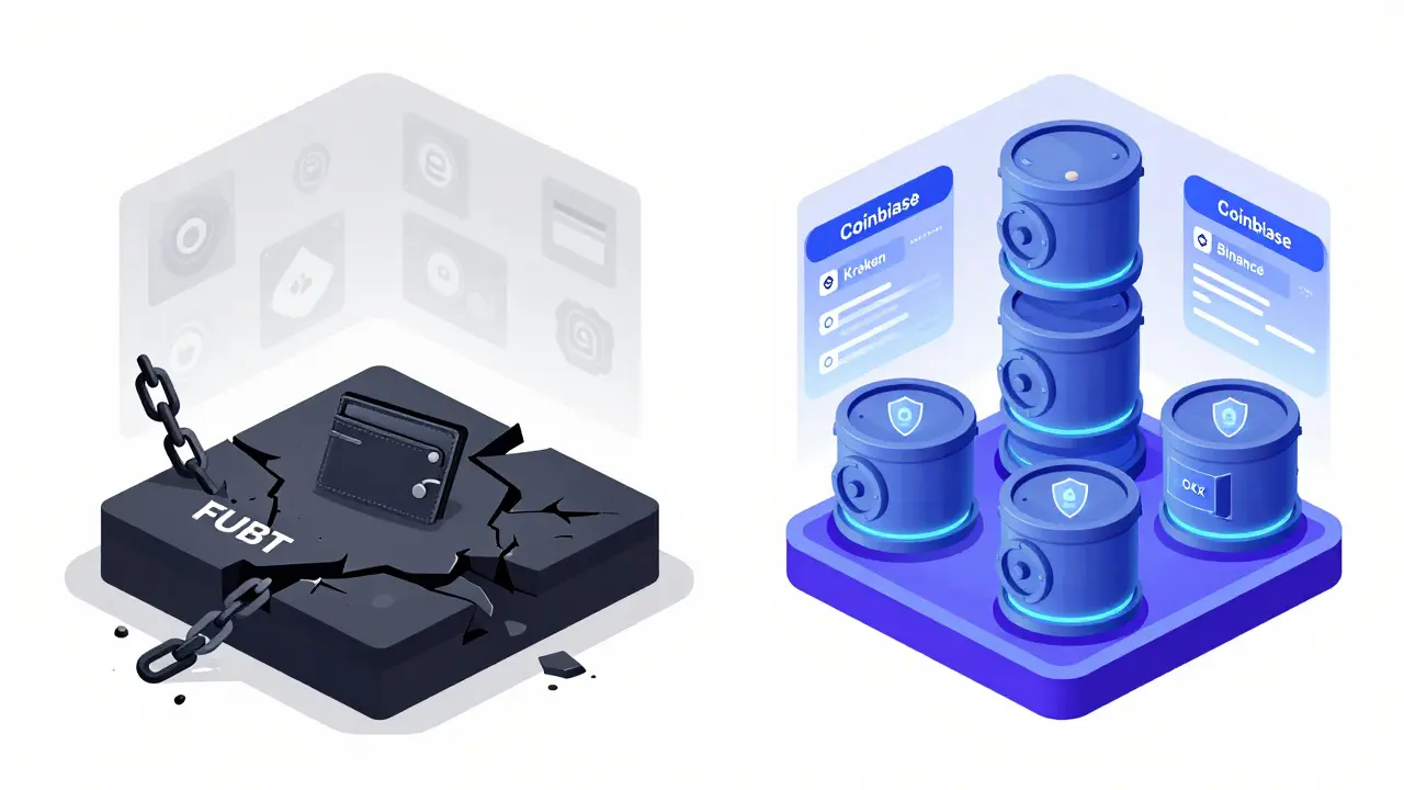 Dark crumbling FUBT platform vs. vibrant secure exchanges with transparent vaults and shield icons.