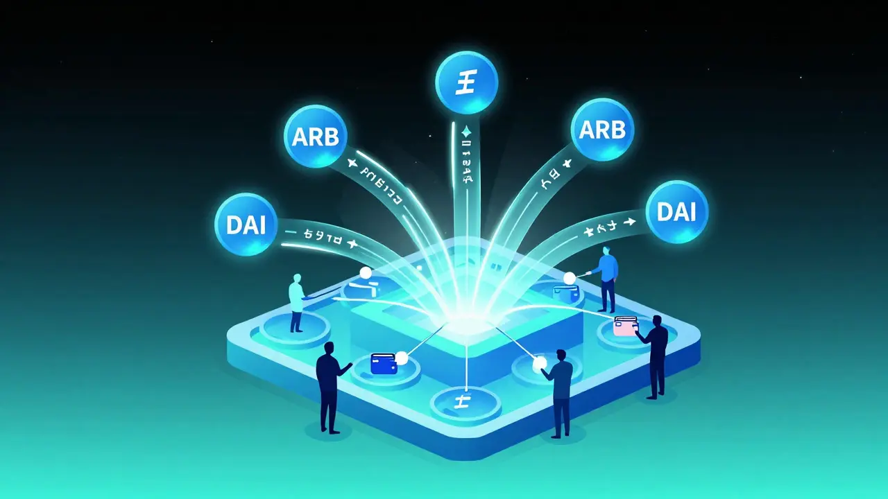 Dynamic crystalline liquidity pool with token streams and user interactions in a decentralized finance system.
