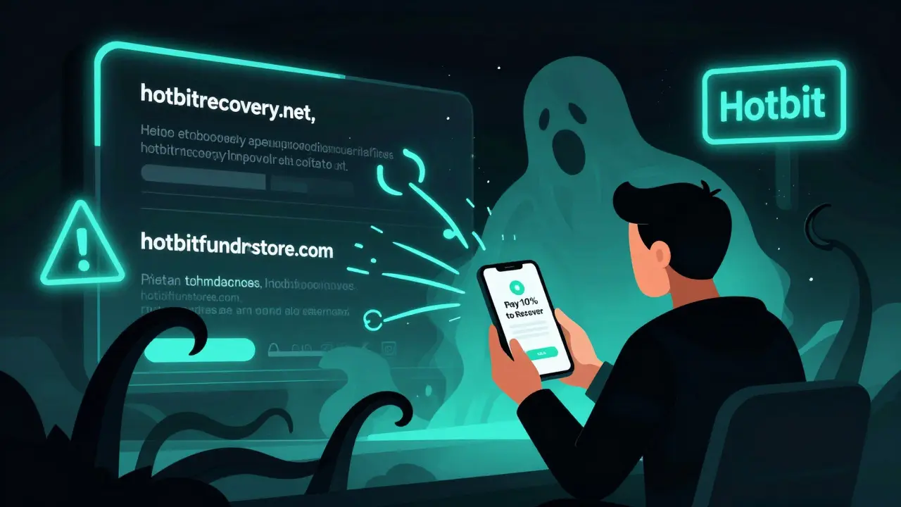 Fake recovery websites with tentacles targeting a user's phone displaying a payment request, while the original Hotbit logo fades.