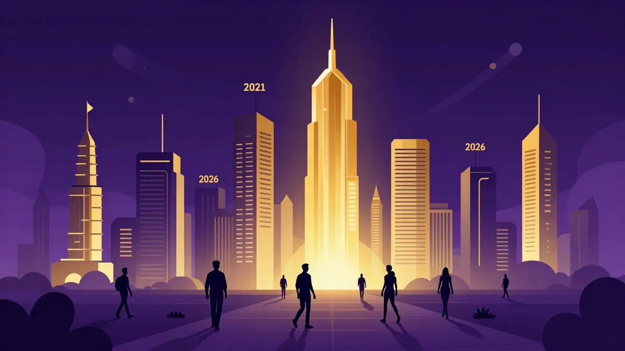 Futuristic cityscape built on blockchain foundation symbolizing long term growth.