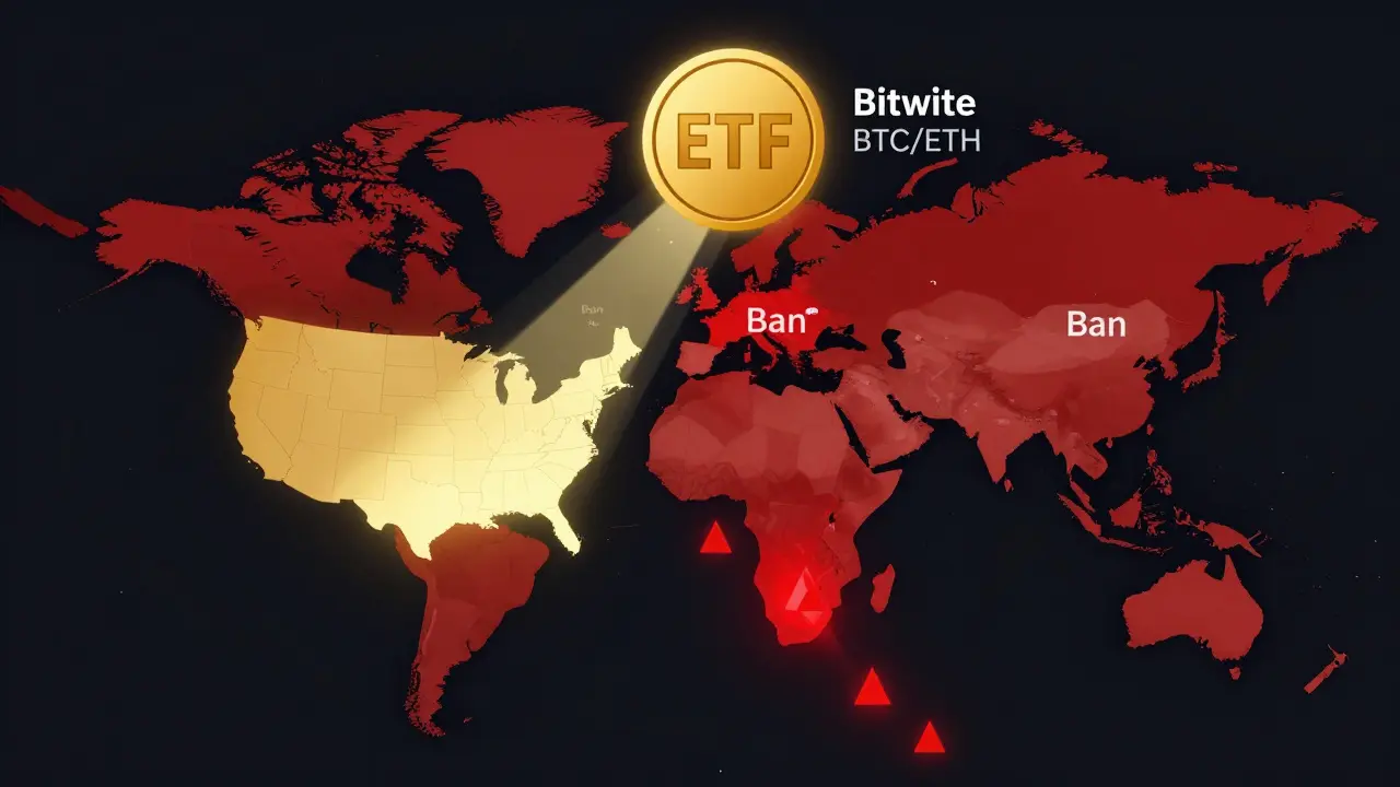 Global map showing U.S. as crypto derivatives hub with ETF rising, while liquidations explode from geopolitical shock.