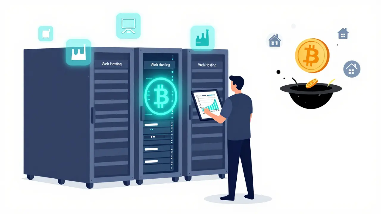 Government auditor monitoring server power usage, one rack secretly mining crypto with visual energy signatures.