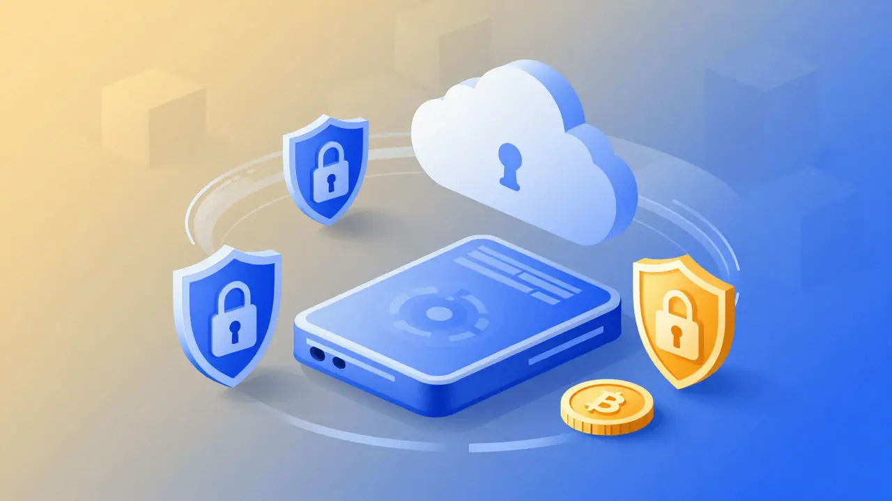 Hardware wallet and security shields protecting digital coins abstractly