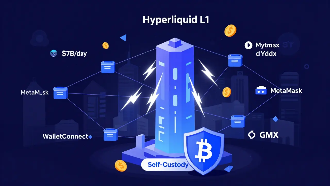 Hyperliquid L1 network connecting wallets, with self-custody shield and high trading volume.