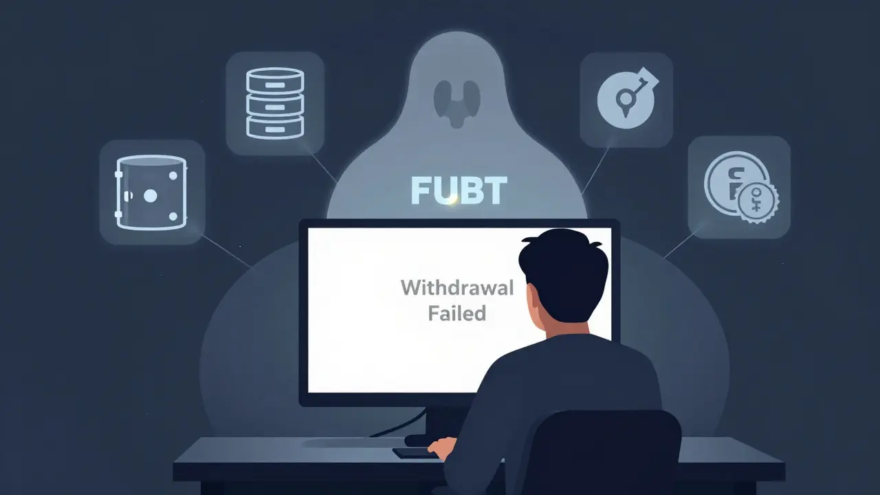 Lone user facing 'Withdrawal Failed' screen, ghostly FUBT logo behind, secure exchanges glowing as guardians.