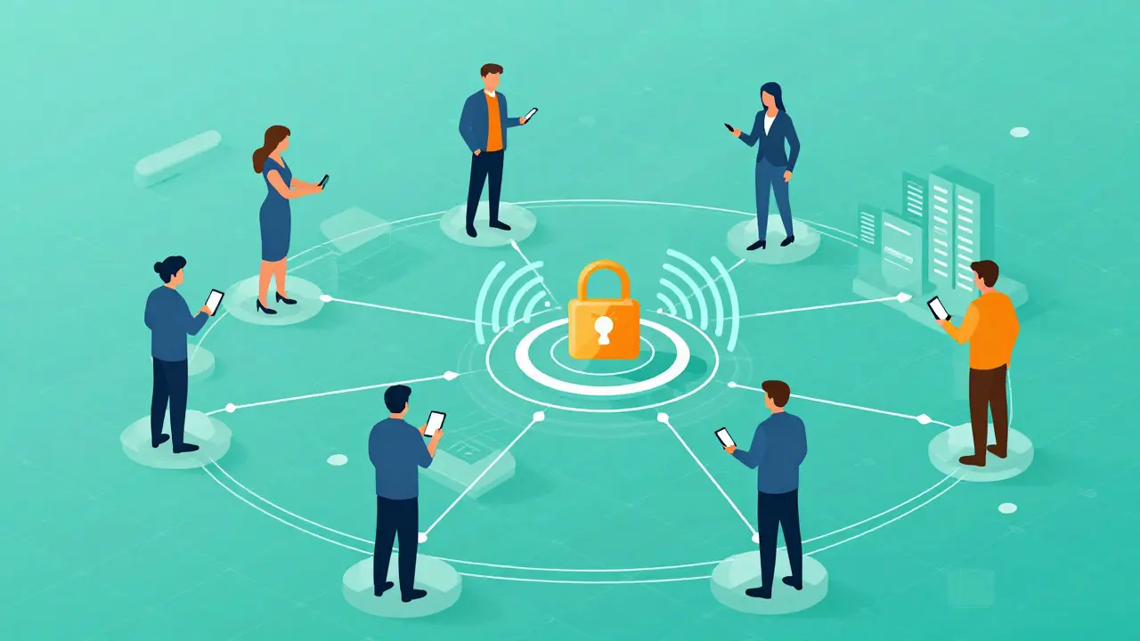 Networked smartphones linking users through a secure mobile payment system.