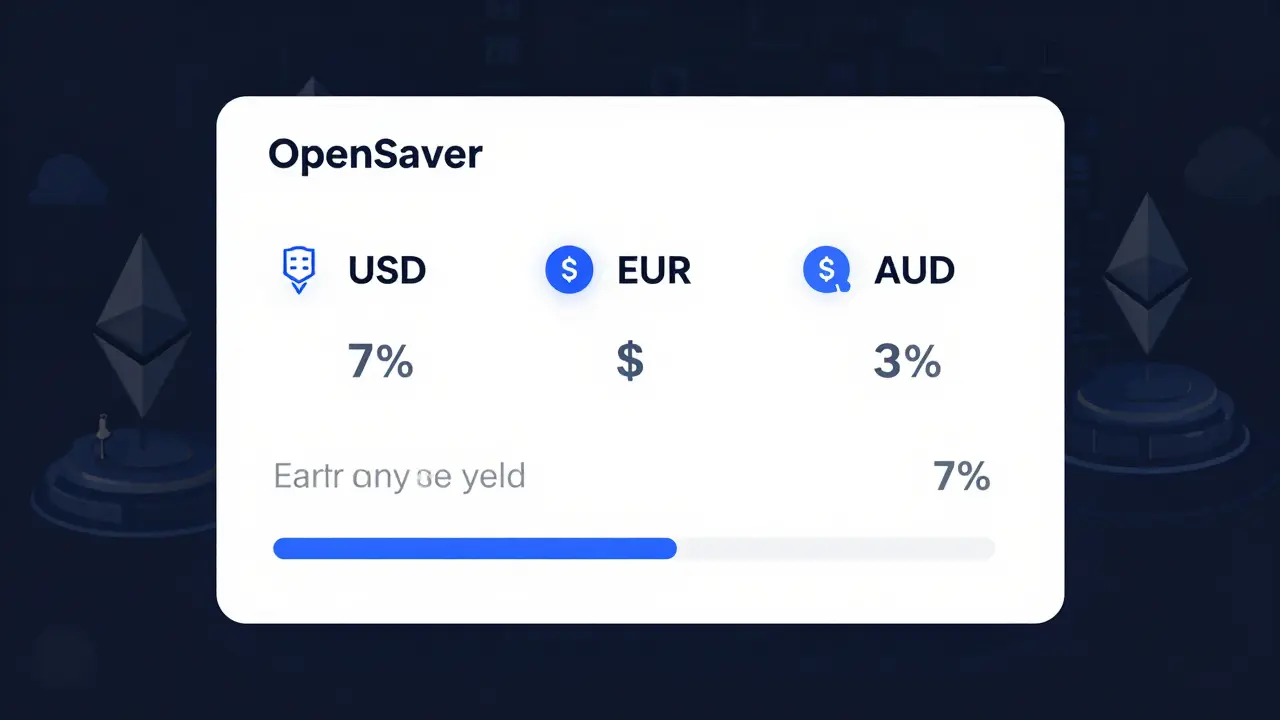 OpenSaver dashboard displaying fiat currency yields with 7% annual return