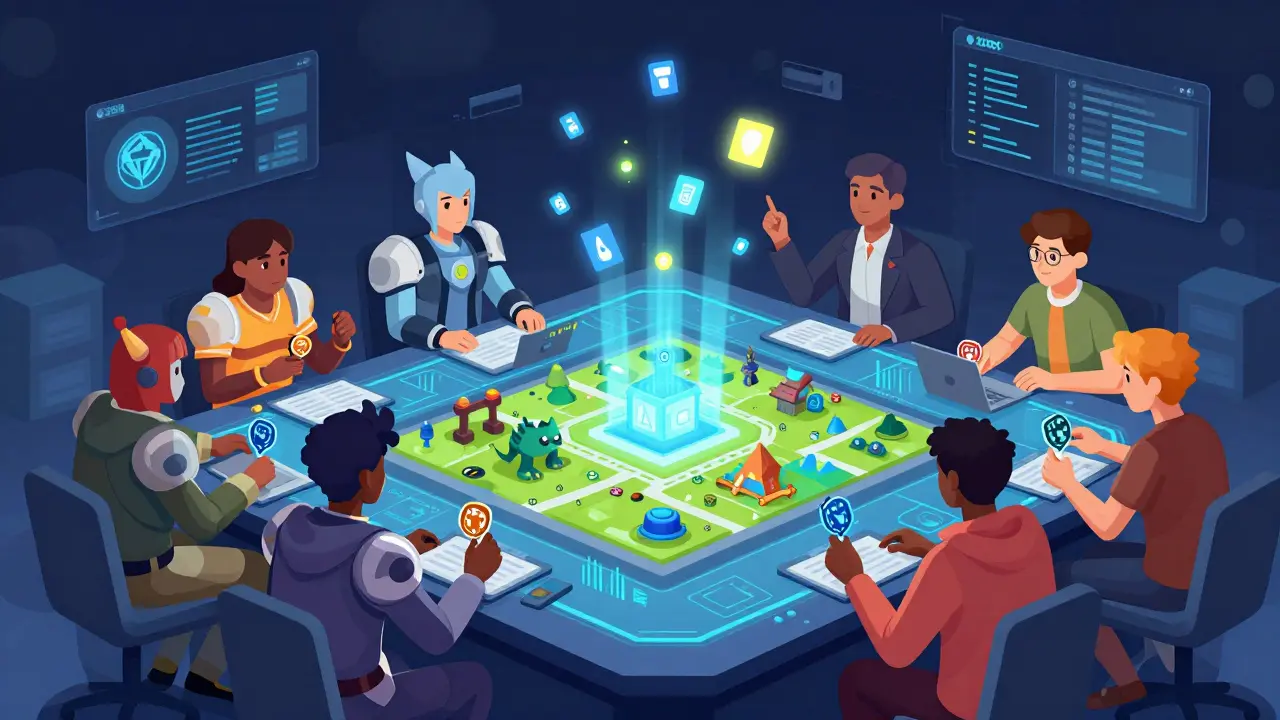 Players use MV tokens to design NFTs, lease land, and vote in a shared digital metaverse workshop.