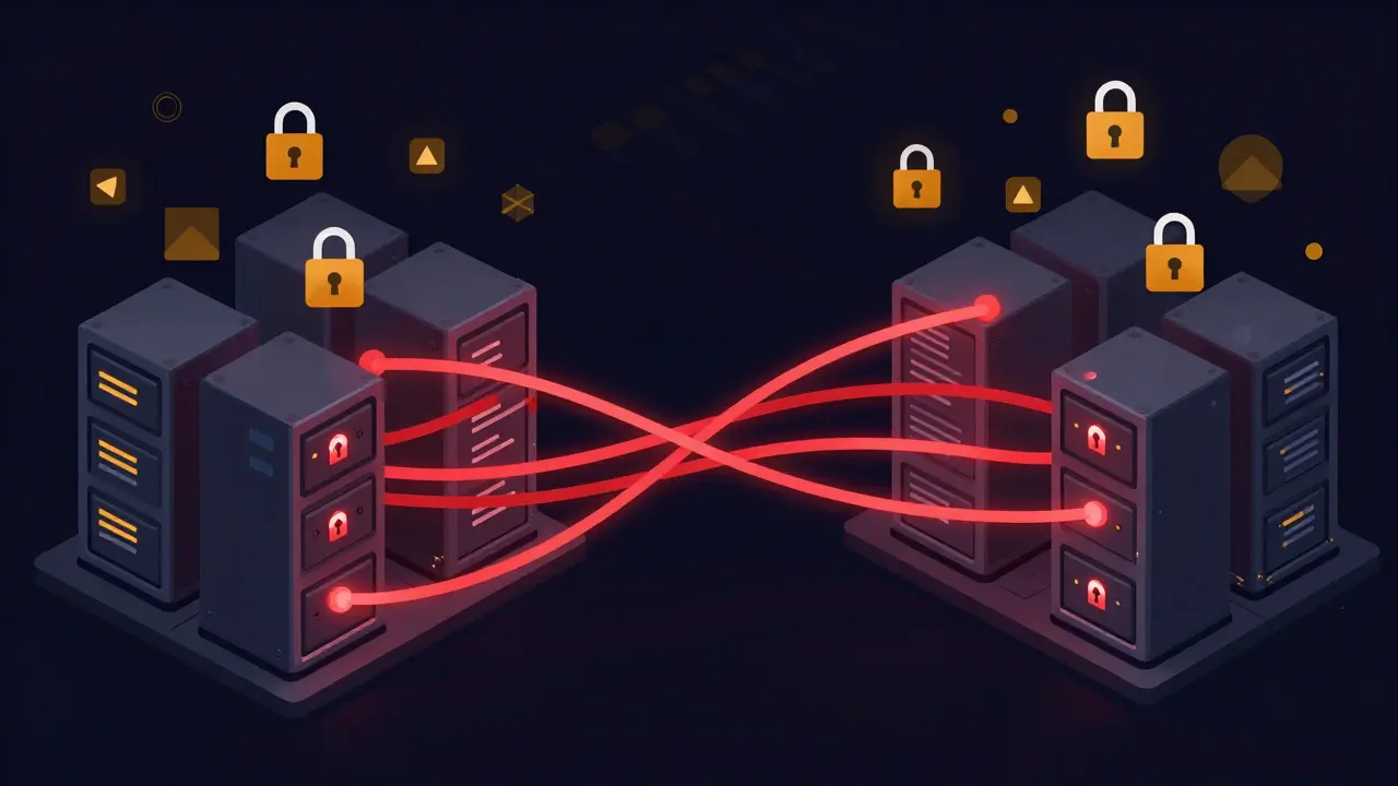 Server clusters with tangled cables and red warning lights.