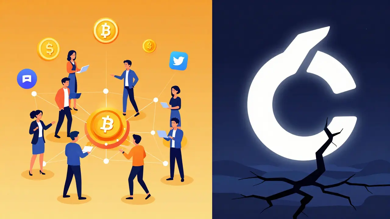Split scene: active crypto community on one side, hollow Lunar logo silhouette on the other.