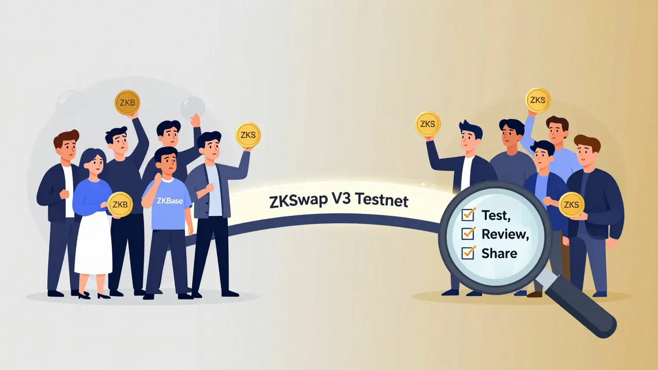 Split scene: confused crowd with ZKB tokens vs. verified users receiving ZKS tokens via ZKSwap V3 testnet bridge.