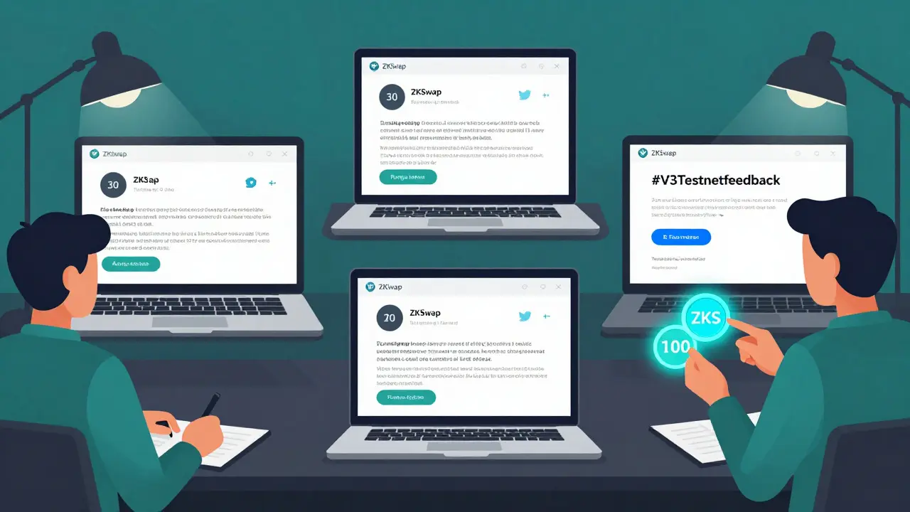 Three users writing detailed forum reviews for ZKSwap V3 airdrop, sharing on Twitter with wallet balance showing ZKS tokens.