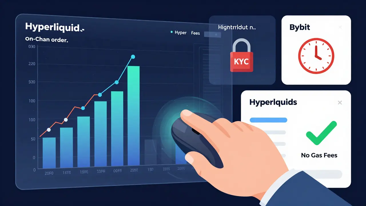 Trader using Hyperliquid vs. centralized exchange, showing no KYC and no gas fees.