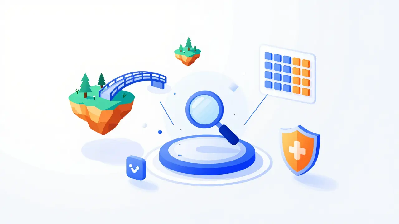 A digital toolkit hub with holographic icons for blockchain bridging and scanning tools.