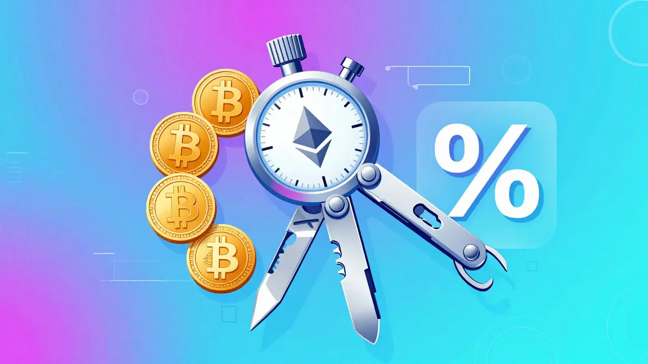 A futuristic digital multi-tool with various cryptocurrency coins and exchange symbols