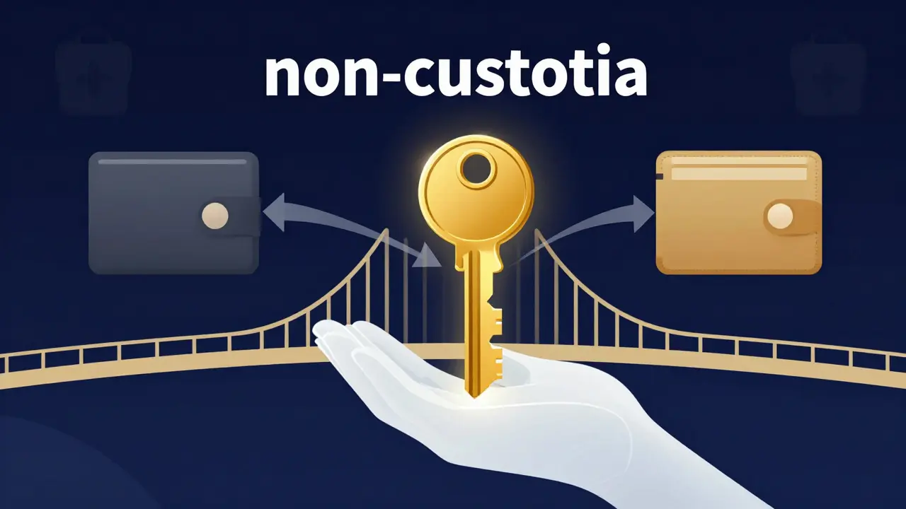 A glowing digital key held by a hand with a bridge connecting two secure crypto wallets