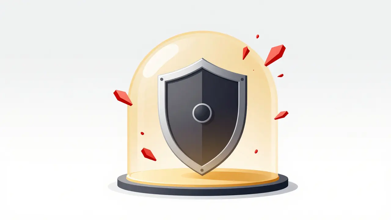 A hardware crypto wallet creating a protective golden shield against red shards.