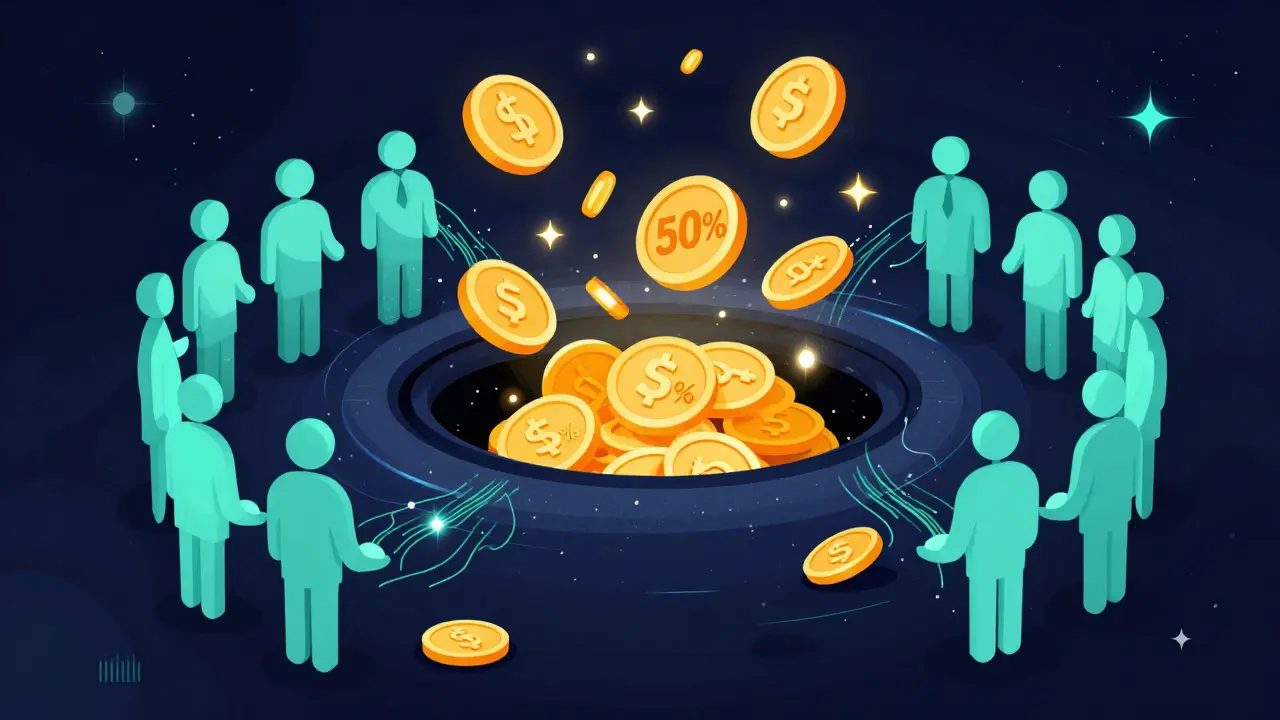 Conceptual vector art of coins being burned in a black hole and redistributed to holders.