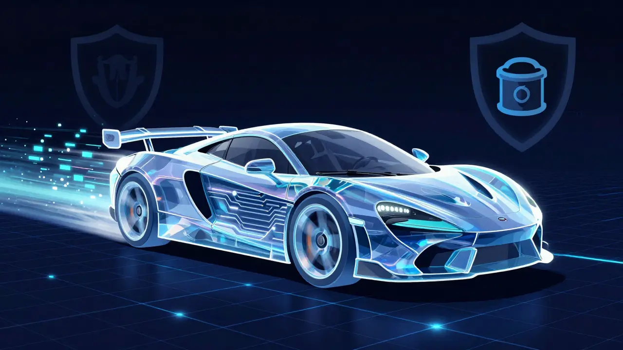 Digital vector art of a futuristic circuit car speeding on a grid, representing a high-performance platform