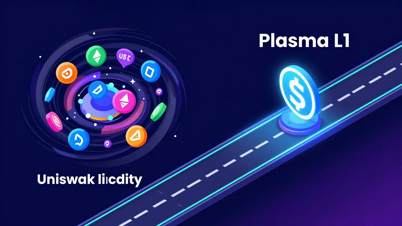 Digital vector art showing a token liquidity pool and a streamlined payment highway for stablecoins.