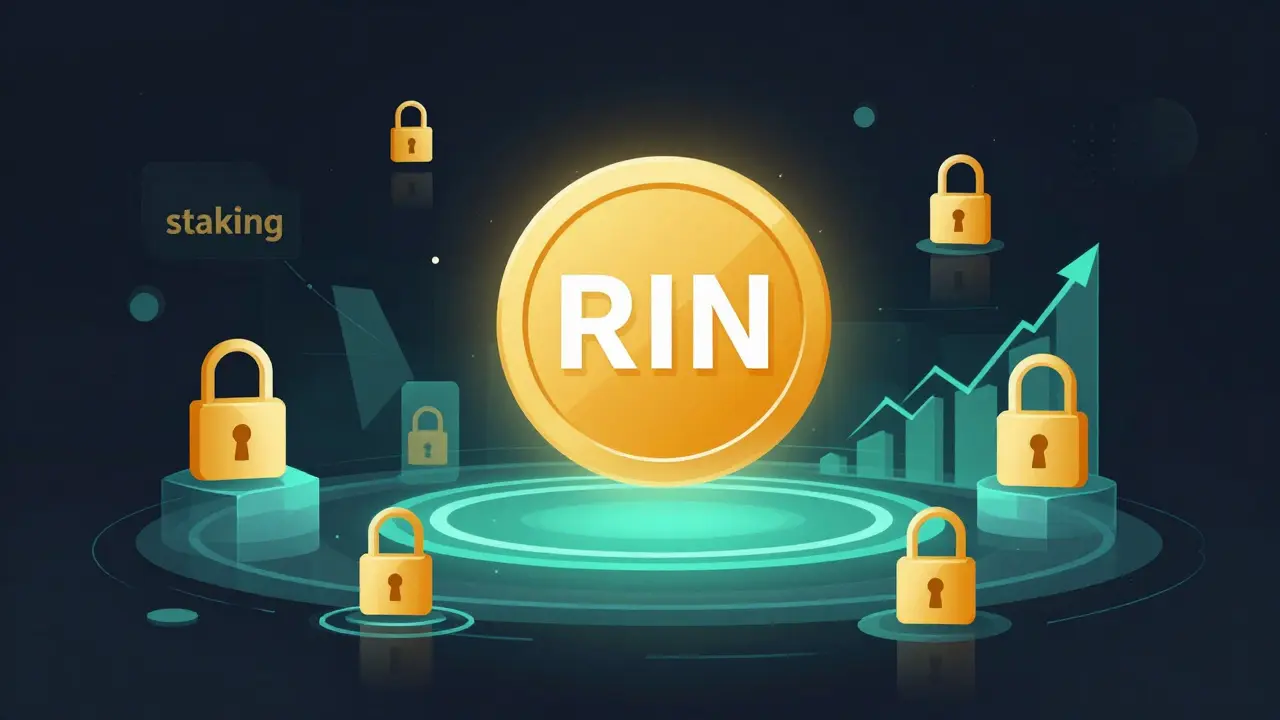 Digital vector illustration of a glowing RIN token surrounded by staking symbols and growth charts.
