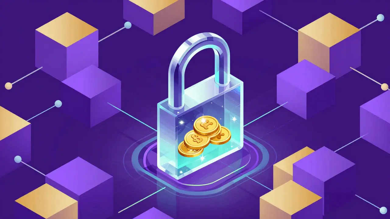 Isometric vector art of a locked liquidity pool with shimmering tokens and geometric connections.