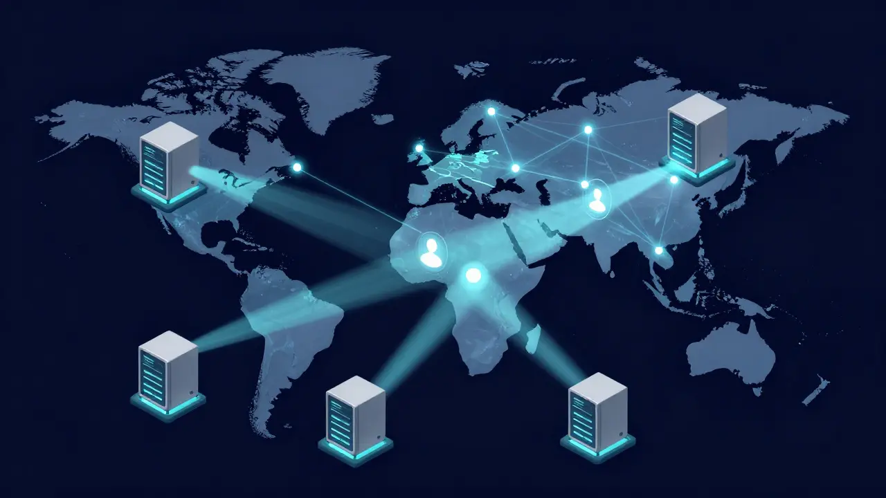 Isometric vector illustration of decentralized edge computing nodes connected across a world map.