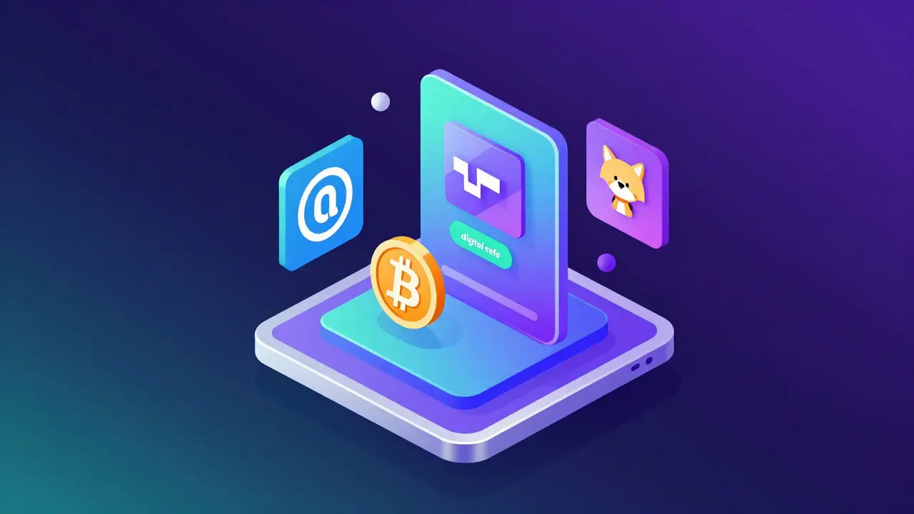 Modern vector illustration of a futuristic digital wallet containing crypto icons and NFTs.