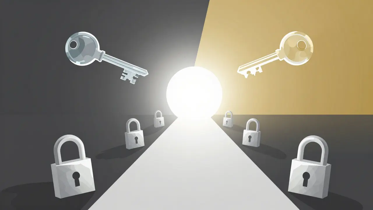 Open lock revealing secure digital path with encryption symbols