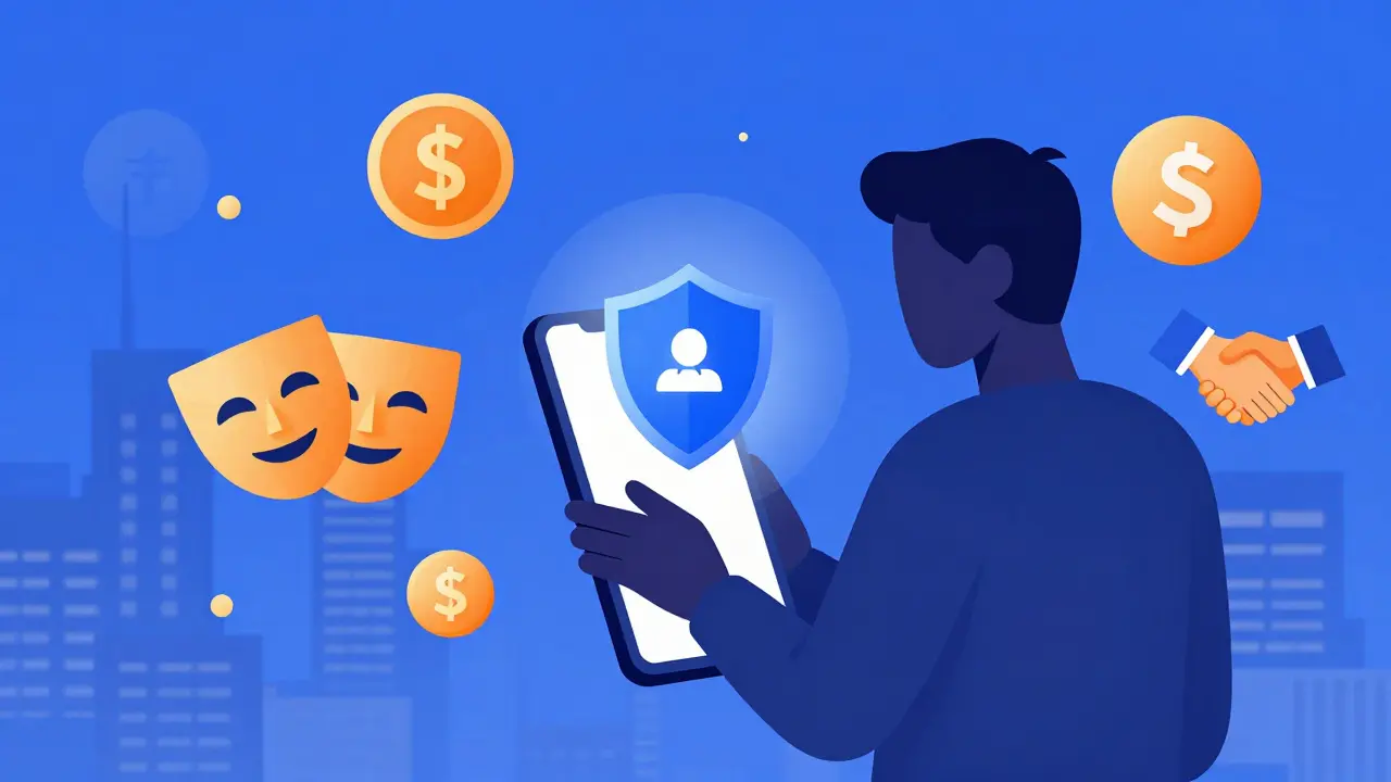 Smartphone displaying shield and wallet icons for anonymous trading