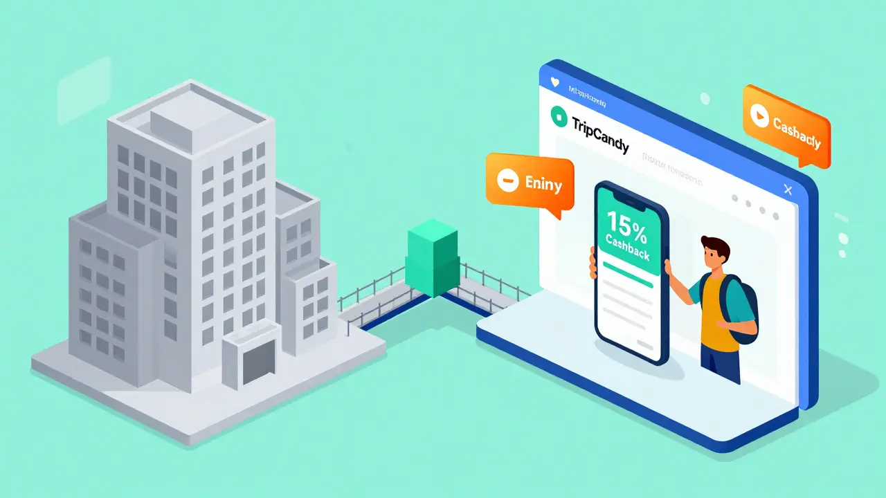 Vector art comparing a grey corporate building to a colorful digital travel portal.