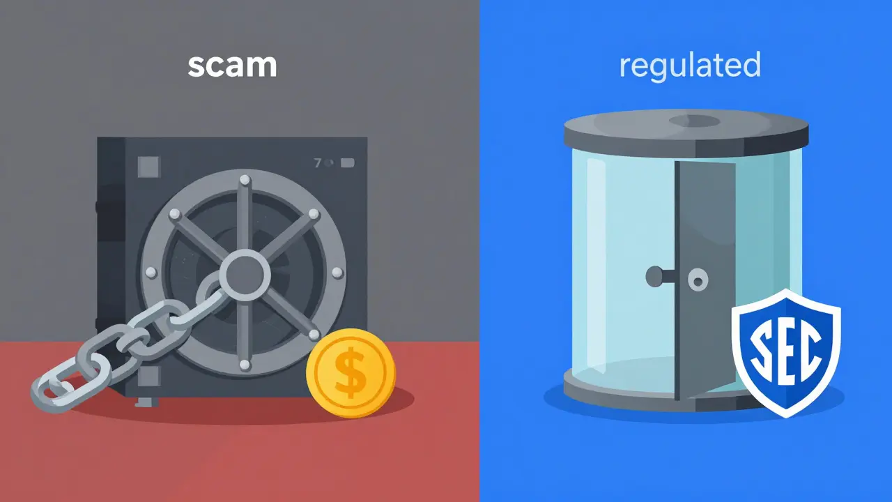 Vector art comparing a locked scam vault with a transparent, regulated secure vault.