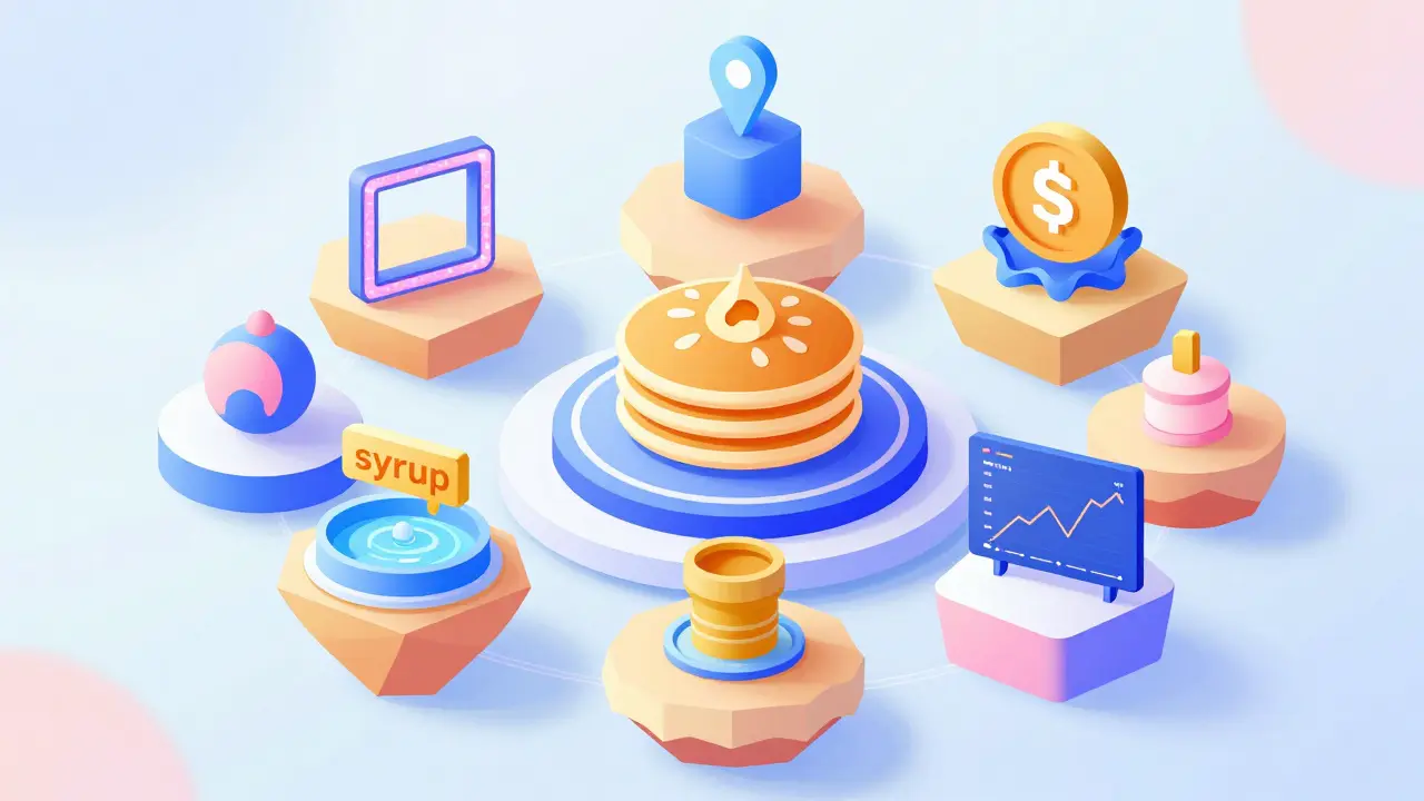 Vector art of a DeFi hub with floating islands representing NFTs, staking pools, and trading tools.