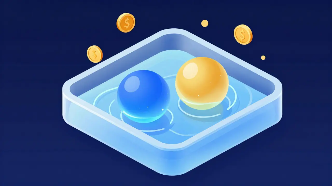 Vector art of a digital liquidity pool with glowing tokens and floating gold coins representing passive income.
