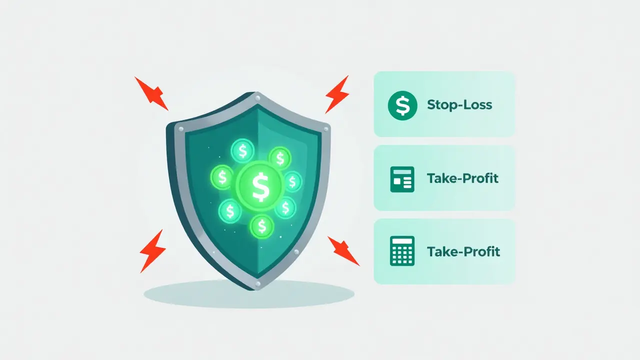 Vector art of a digital shield protecting crypto assets from red liquidation bolts.