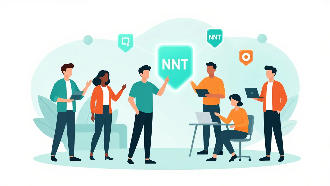 Vector art of a filmmaker and supporters connected by glowing NFT shards for crowdfunding.