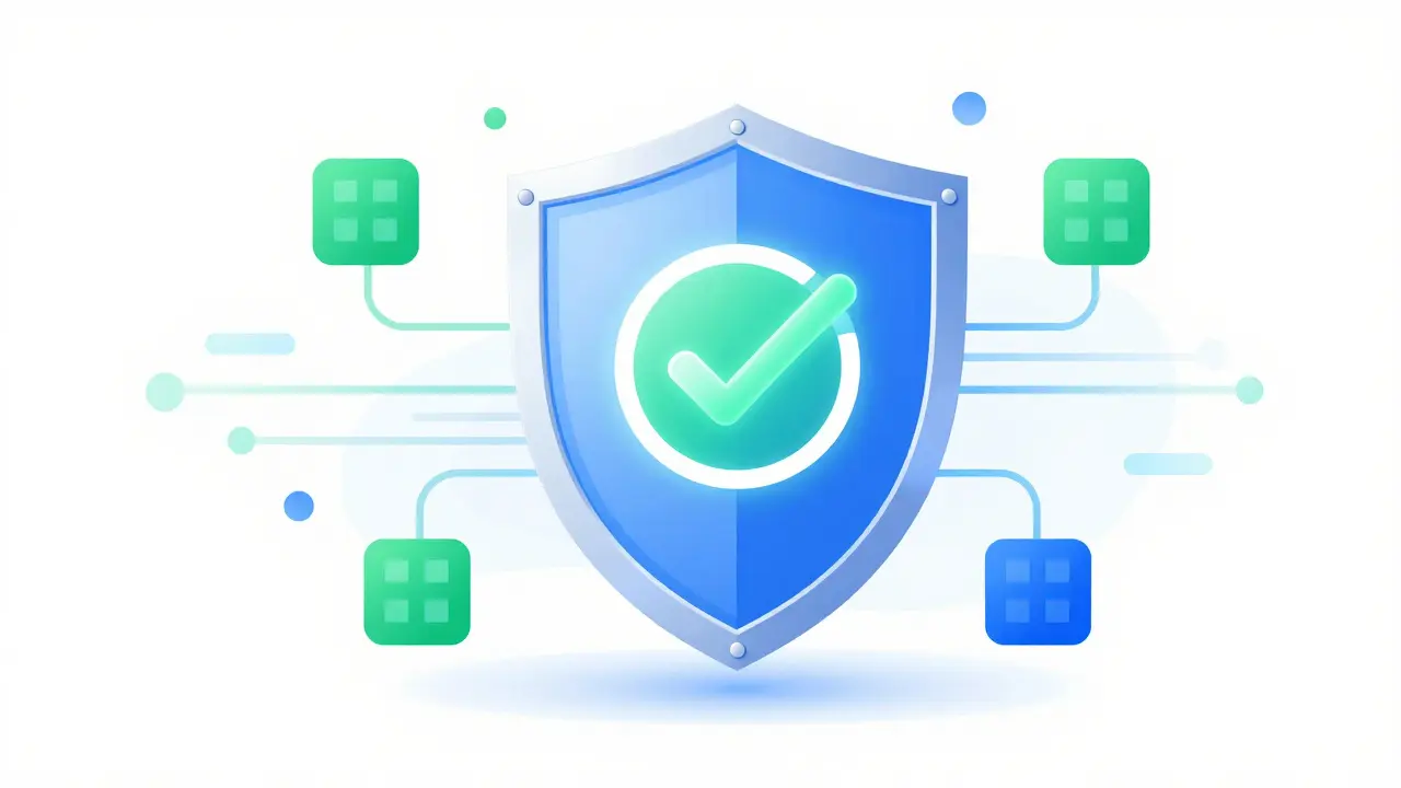 Vector art of a futuristic iridescent shield protecting a digital blockchain network.