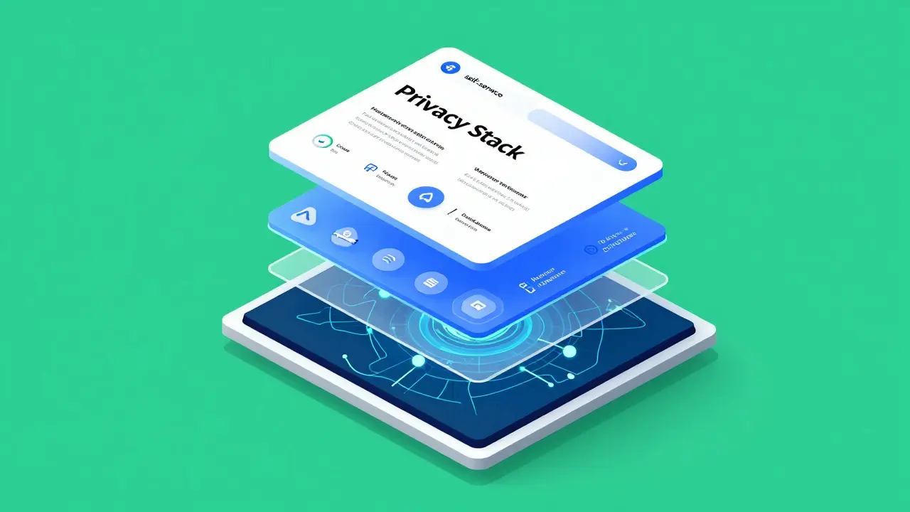 Vector art of a futuristic modular privacy architecture stack with data layers.