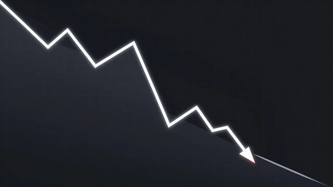 Vector art of a glowing neon line graph showing a sharp price decline on a dark grid background.