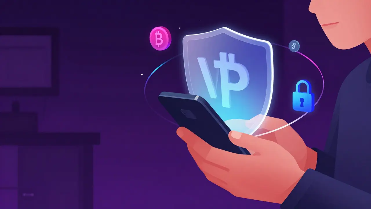 Vector art of a person using a smartphone protected by a holographic VPN shield.