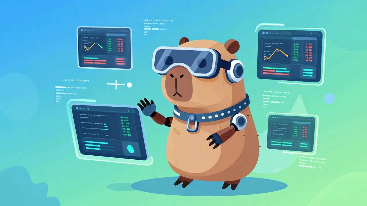 Vector art of a robotic capybara bot analyzing digital trading screens on a bright blue and green background.